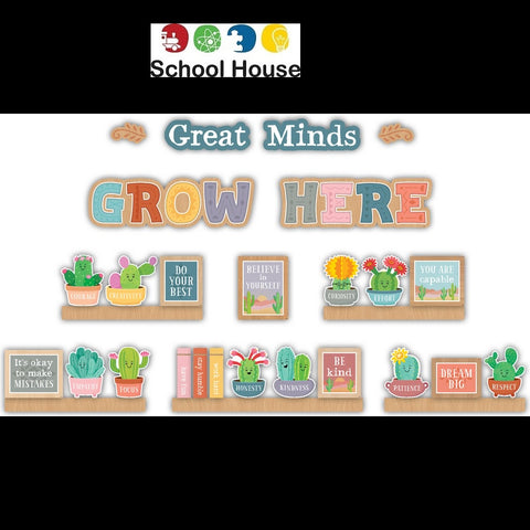 Happy Cactus Crew Great Minds Mini Bulletin Board Set – Motivational Classroom Desert Theme Display